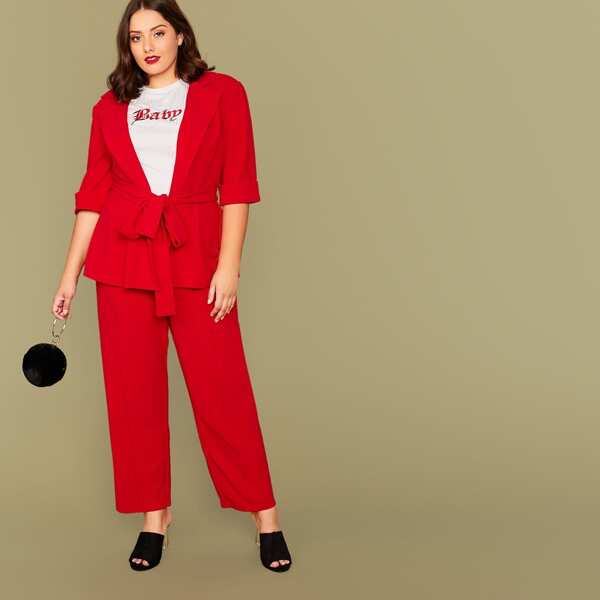 

Plus Cuffed Sleeve Belted Blazer & Seam Front Pants Set, Red bright
