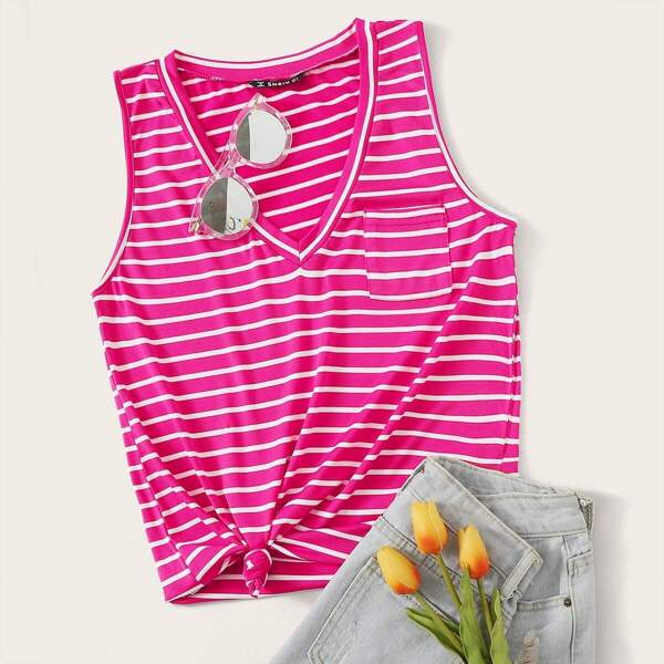 

Neon Pink Pocket Front Striped Tank Top
