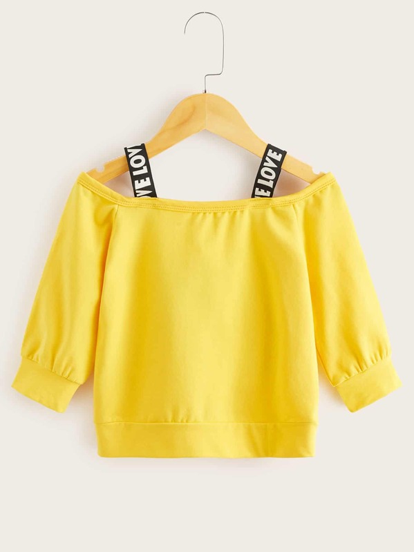 

Футболка с открытыми плечами и текстовой лентой для девочек, Жёлтый