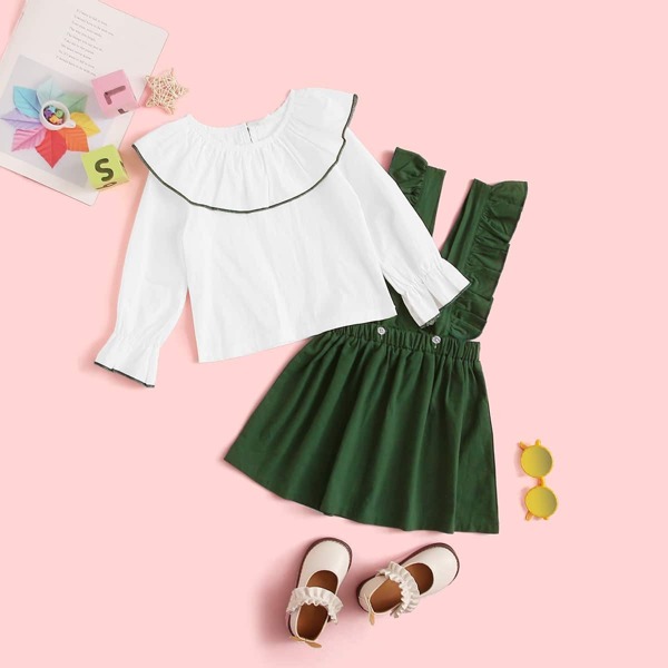 

Toddler Girls Contrast Binding Ruffle Blouse With Suspender Dress, Multicolor