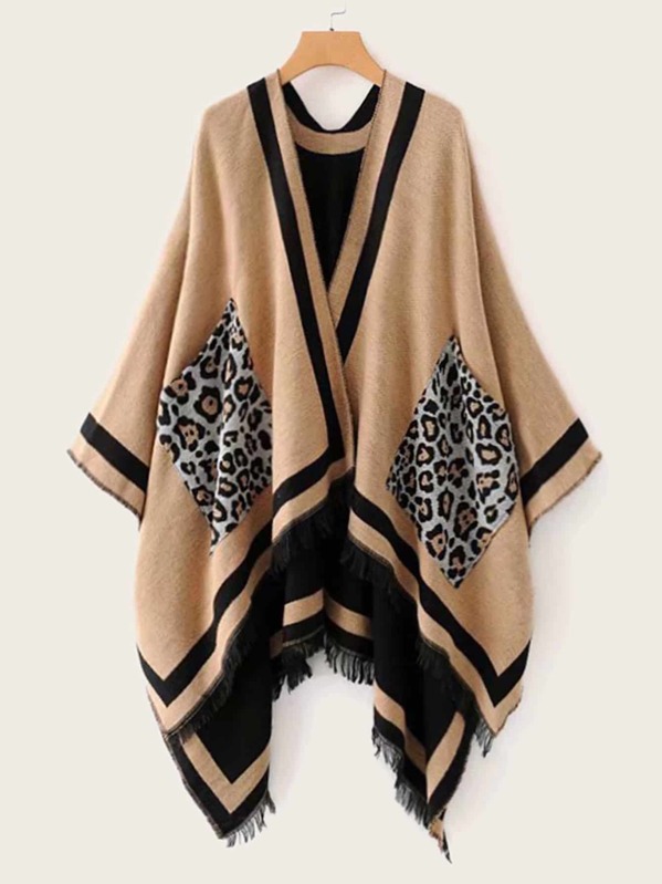 

Leopard Pockets Fringe Hem Poncho Cardigan, Khaki