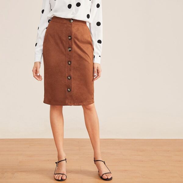 

Suede Solid Button Front Midi Skirt