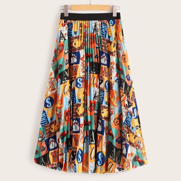 

Contrast Waist Cartoon Print Pleated Skirt