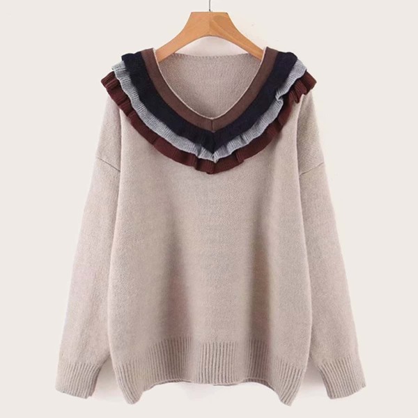 

V-neck Contrast Panel Frill Trim Jumper