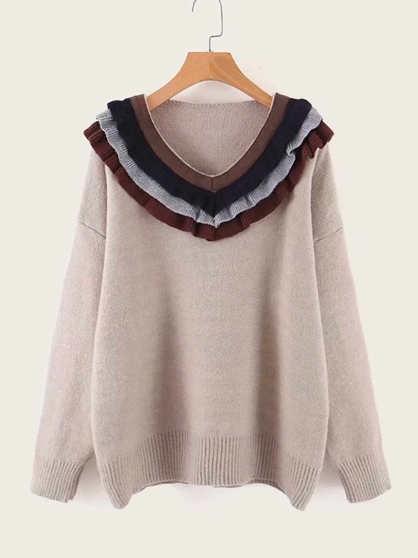 

V-neck Contrast Panel Frill Trim Jumper, Beige