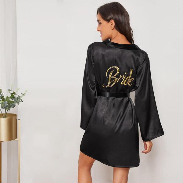 

Letter Embroidered Satin Belted Robe