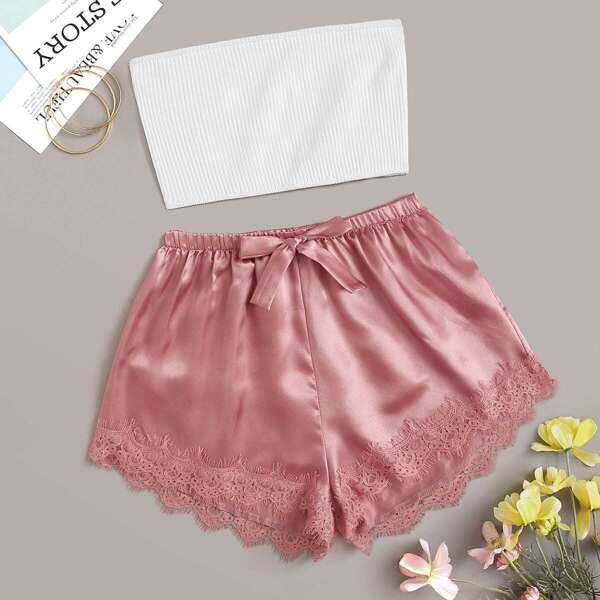 

Rib Bandeau With Satin Shorts PJ Set