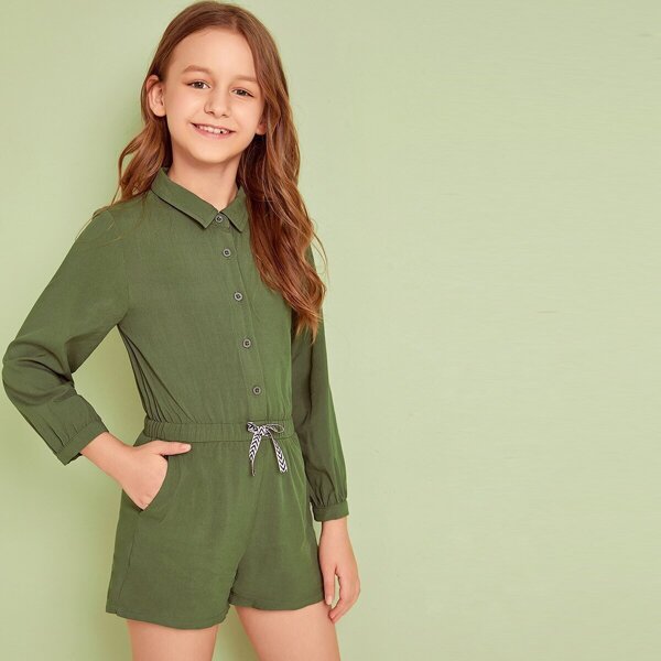 

Girls Button Front Drawstring Waist Jumpsuit, Army green