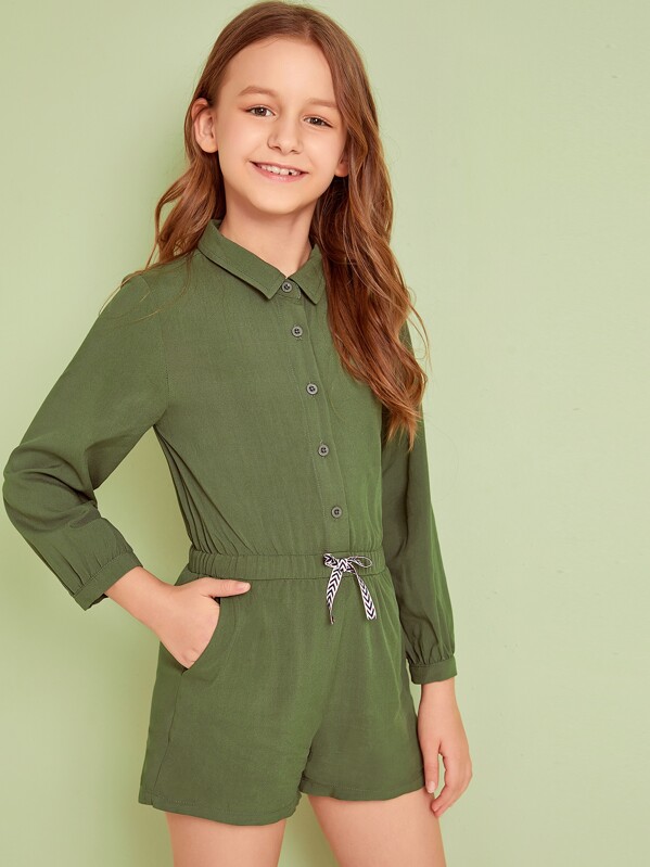 

Girls Button Front Drawstring Waist Jumpsuit, Army green