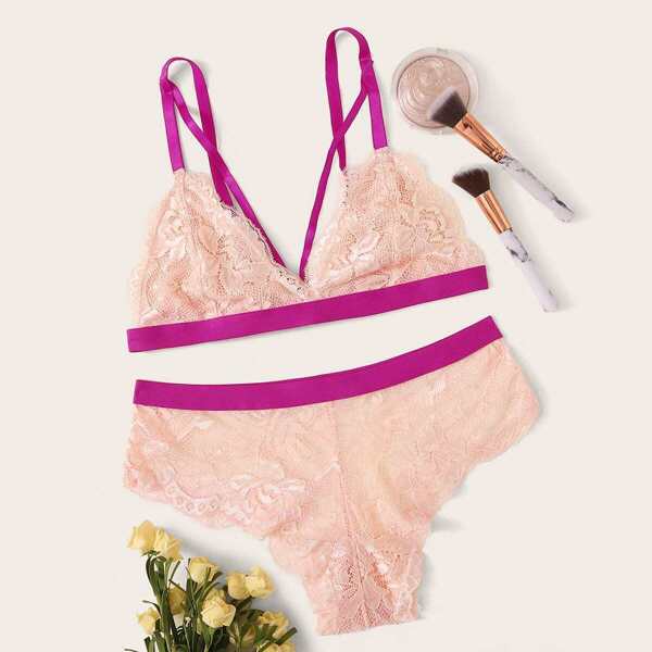 

Floral Lace Harness Lingerie Set, Pink