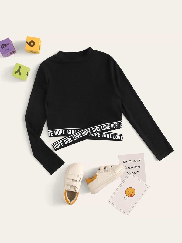 

Girls Letter Tape Crisscross Hem Tee, Black