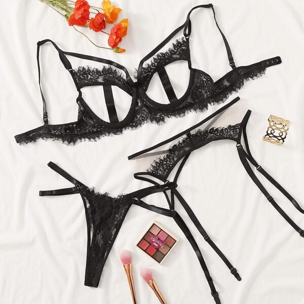 

Eyelash Lace Underwire Garter Lingerie Set, Black
