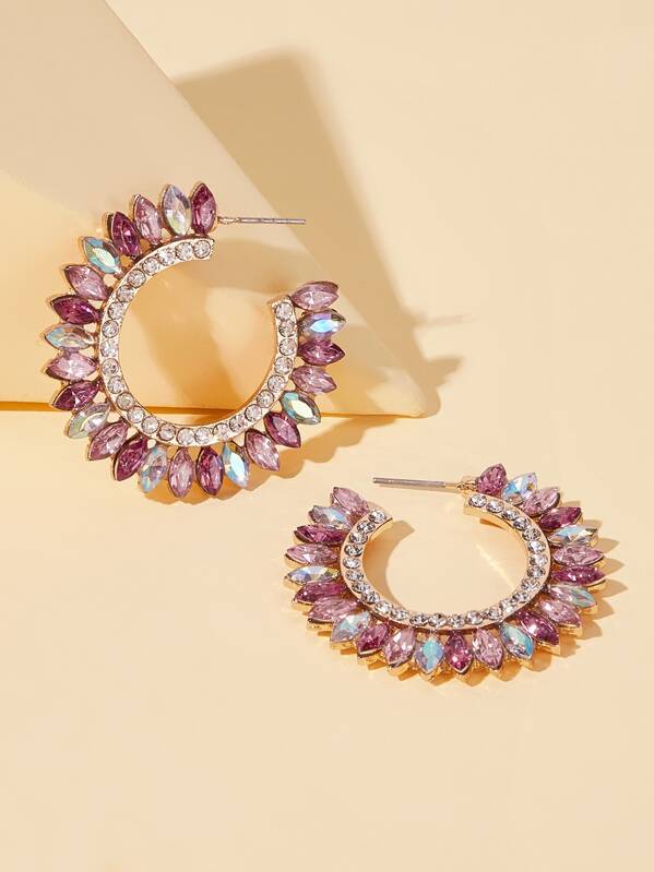 

Gemstone & Rhinestone Engraved Hoop Earrings 1pair, Multicolor