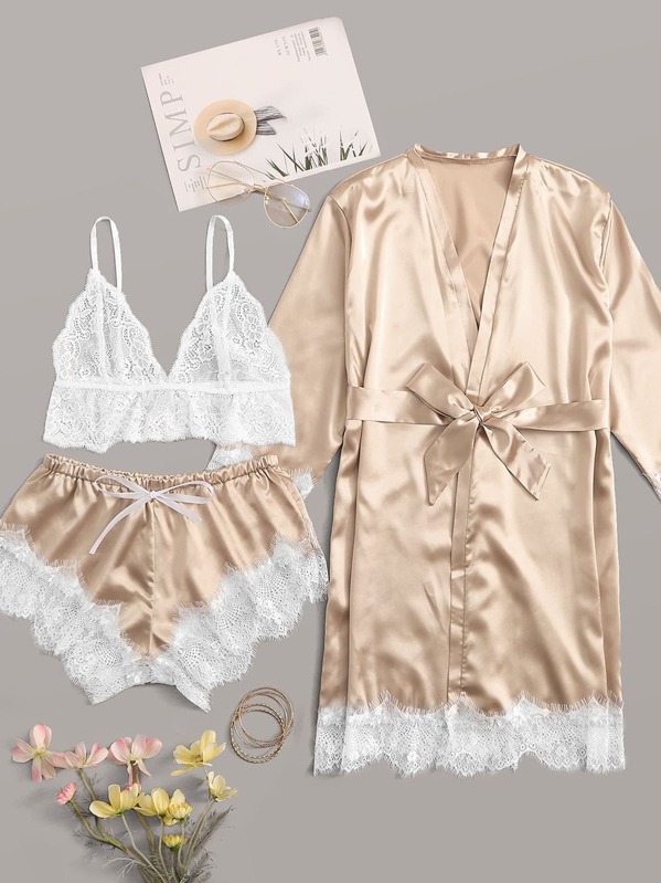 

Floral Lace Satin Lingerie Set With Robe, Gold