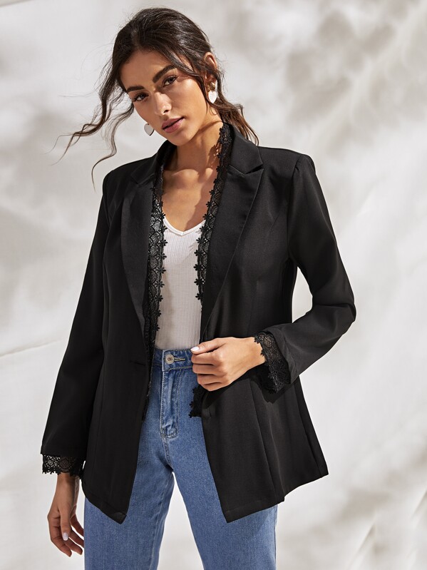 

Guipure Lace Trim Notched Collar Blazer, Black, Carol A