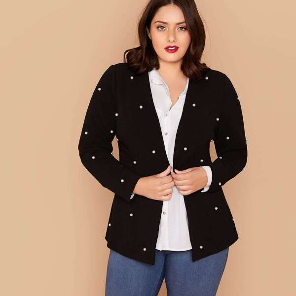 

Plus Hook and Eye Pearls Beaded Blazer, Black