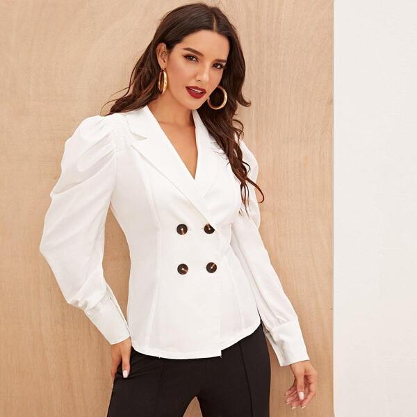 

Notch Collar Double Breasted Lantern Sleeve Blazer, White