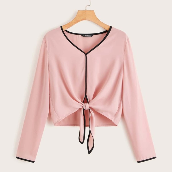 

Contrast Binding Tie Hem Top, Pink pastel