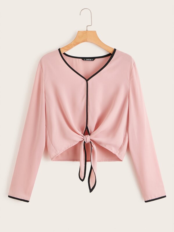 

Contrast Binding Tie Hem Top, Pink, Giulia