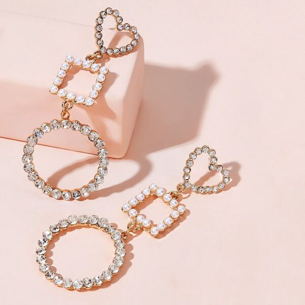 

Rhinestone Engraved Heart & Geometric Drop Earrings 1pair