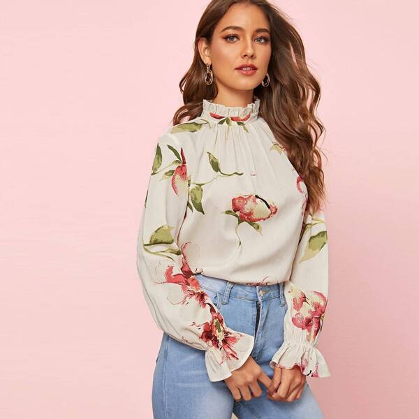 

Floral Frill Trim Keyhole Back Top, White