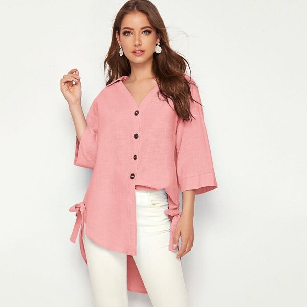 

Collared Knot Side Curved Hem Shirt, Pink pastel