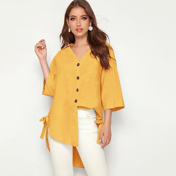 

Knot Side Curved Hem Blouse, Yellow bright