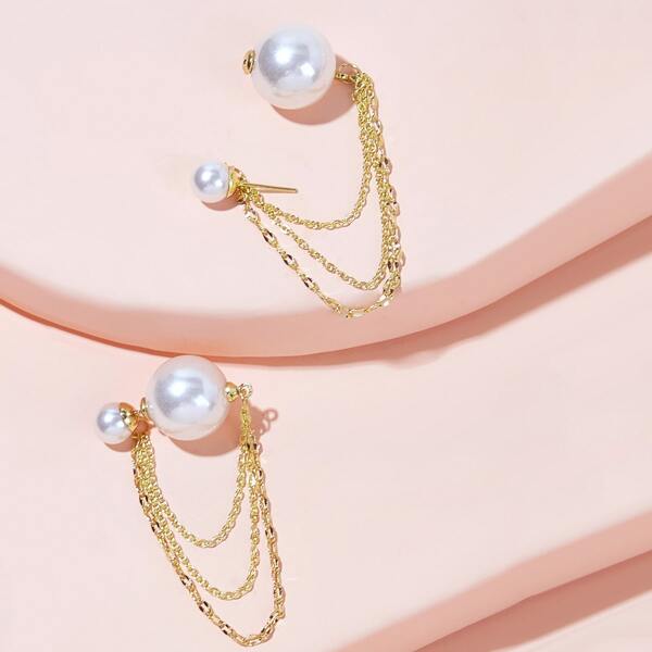 

Faux Pearl & Chain Decor Earrings 1pair, Gold