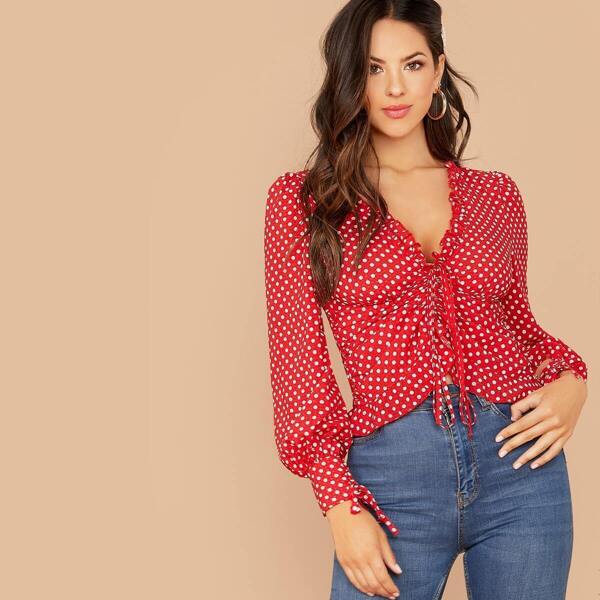 

Drawstring Ruched Front Bishop Sleeve Polka Dot Top, Red bright