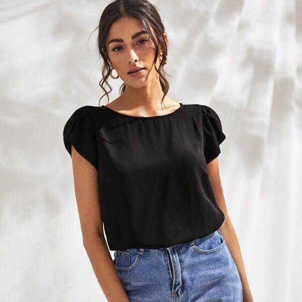 

Petal Sleeve Cutout Bow Back Top, Black