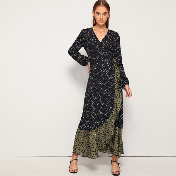 

Polka Dot Colorblock Ruffle Trim Wrap Dress, Black
