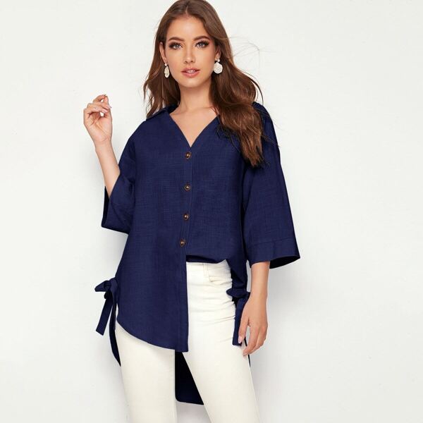 

Collared Knot Side Curved Hem Shirt
