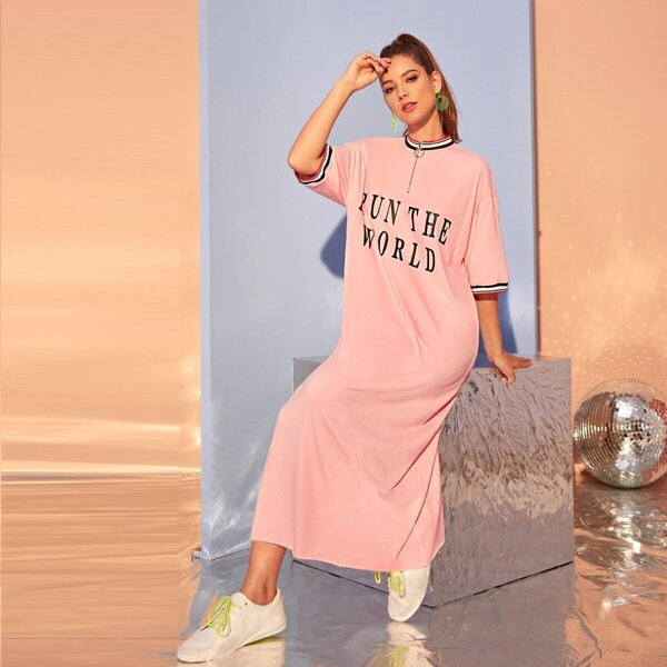 

Zip Half Placket Contrast Trim Slogan Print Dress Without Belt