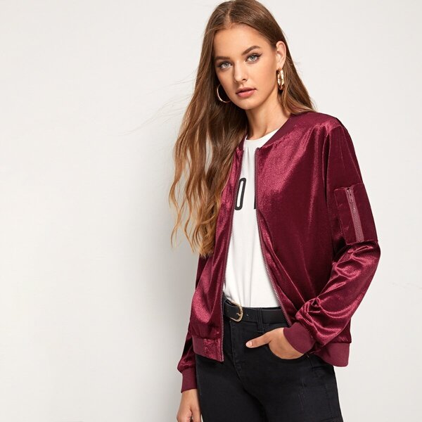 

Pocket Detail Zip Up Velvet Bomber Jacket