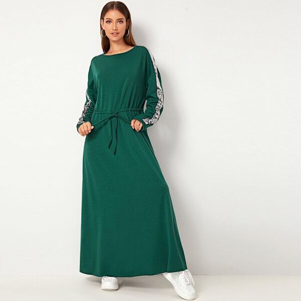 

Sequin Patched Sleeve Drawstring Waist Sweatshirt Dress, Green