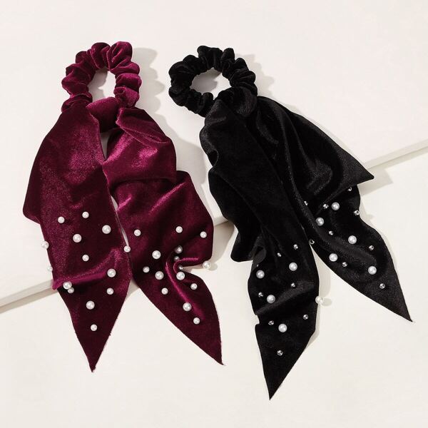 

Faux Pearl Decor Velvet Scrunchie Scarf 2pcs
