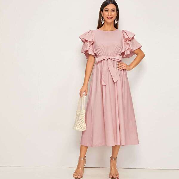

Pearls Beaded Layered Sleeve Self Belted Dress, Pink pastel