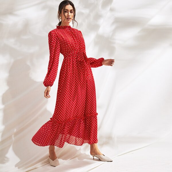 

Polka Dot Frill Trim Self Belted Dress, Red bright