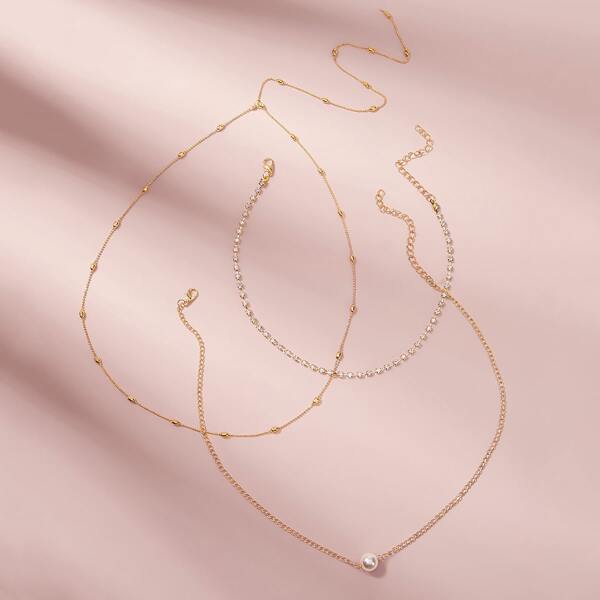 

Faux Pearl & Rhinestone Decor Chain Necklace Set 3pcs, Gold
