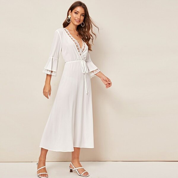 

Surplice Neck Embroidered Mesh Trim Tie Waist Dress, White