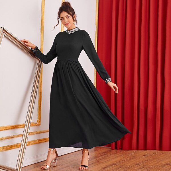 

Mock Neck Contrast Sequin Trim Dress, Black