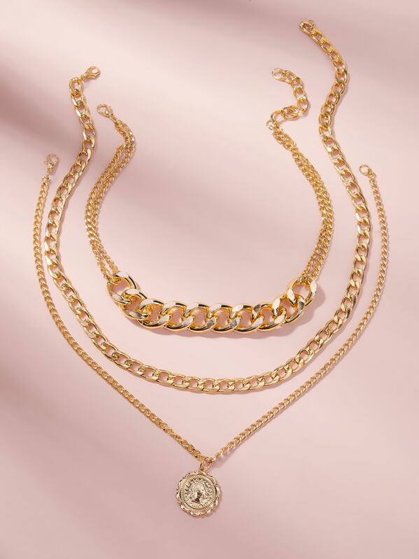 

Coin Decor Chunky Chain Necklace Set 3pcs, Gold
