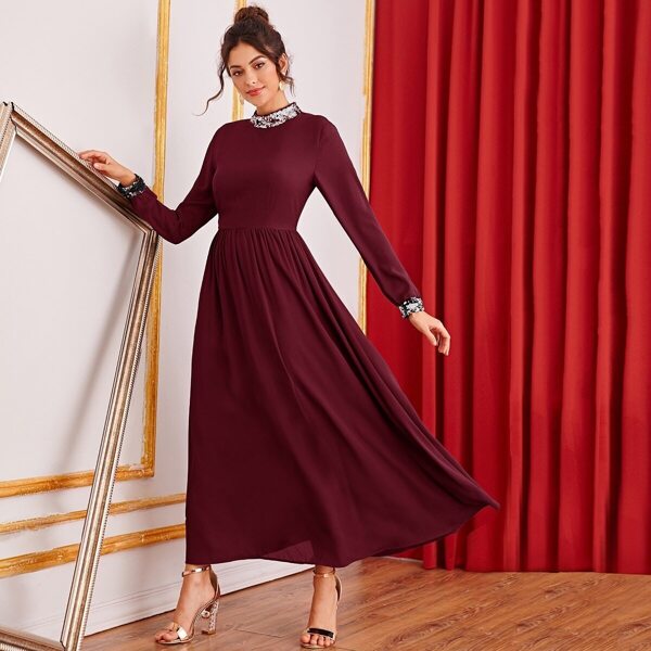 

Contrast Sequin Patched Fit & Flare Dress, Burgundy