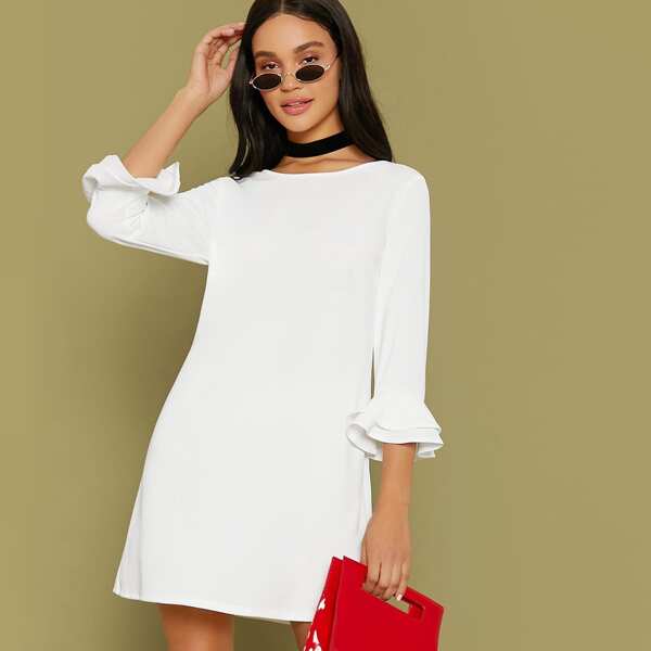 

Ruffle Cuff Solid Tunic Dress, White