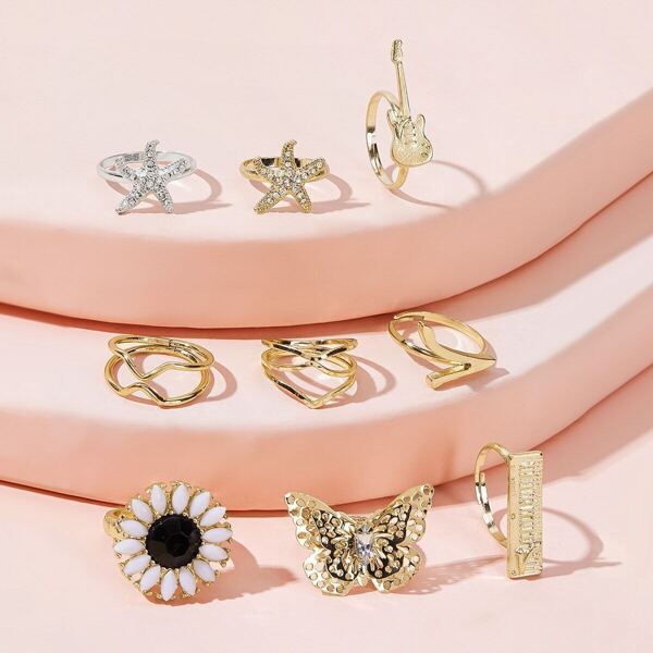 

Hollow Out Butterfly & Starfish Decor Ring Set 9pcs