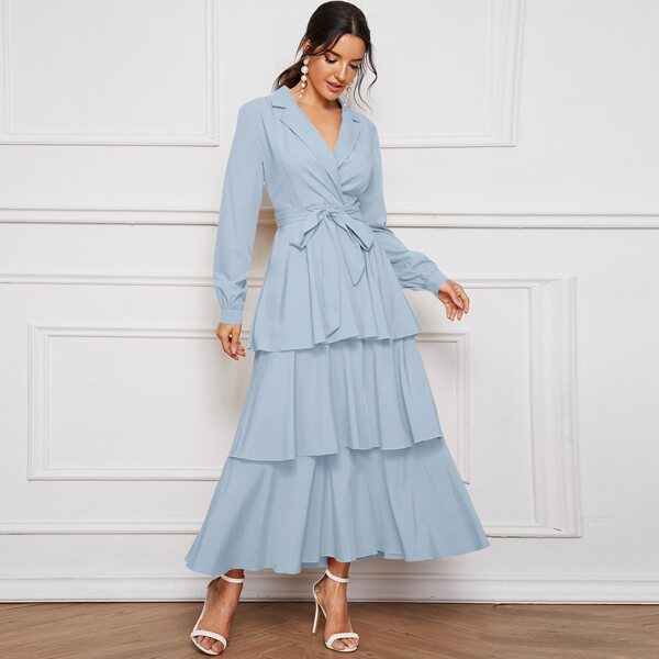 

Notch Collar Layered Ruffle Hem Belted Dress, Blue pastel