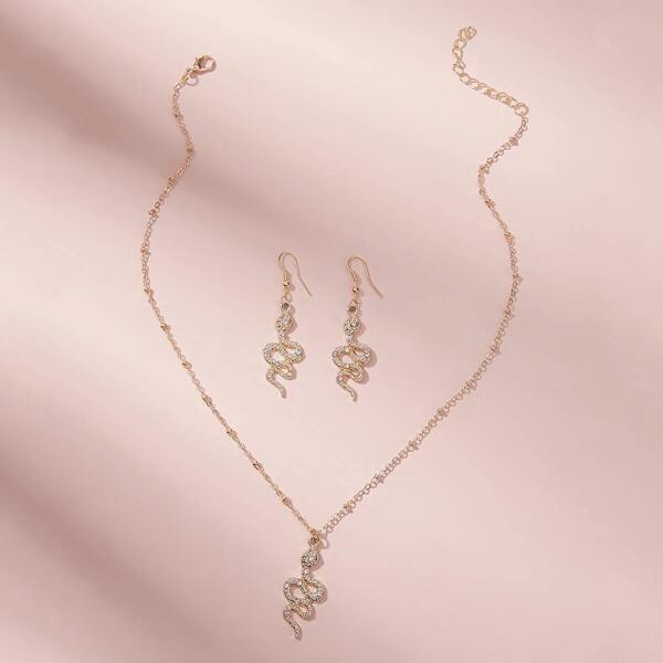 

Rhinestone Engraved Snake Pendant Necklace 1pc With Earrings 1pair