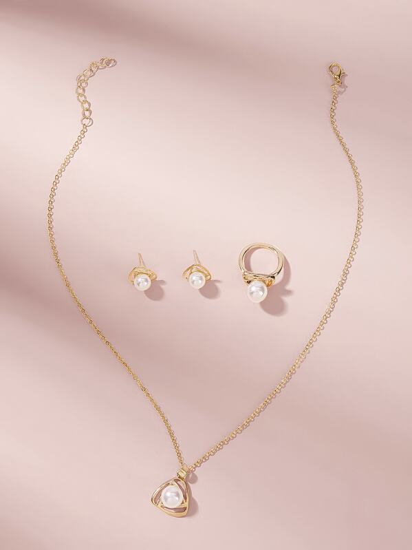 

Faux Pearl Detail Necklace 1pc & Ring 1pc & Earrings 1pair