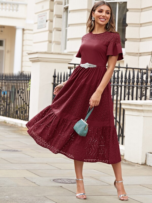 

Ruffle Cuff Rhinestone Detail Schiffy Dress, Burgundy, Amira S