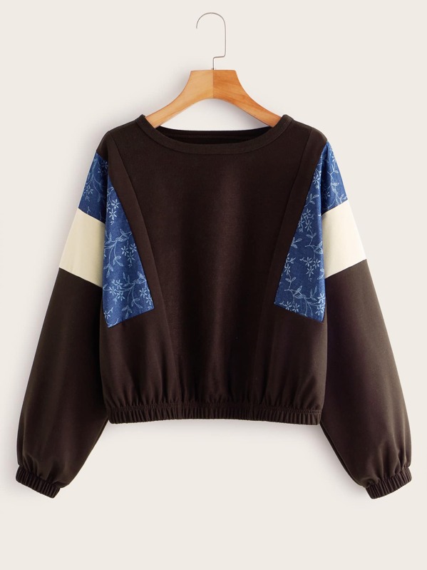 

Floral Print Colorblock Round Neck Sweatshirt, Brown